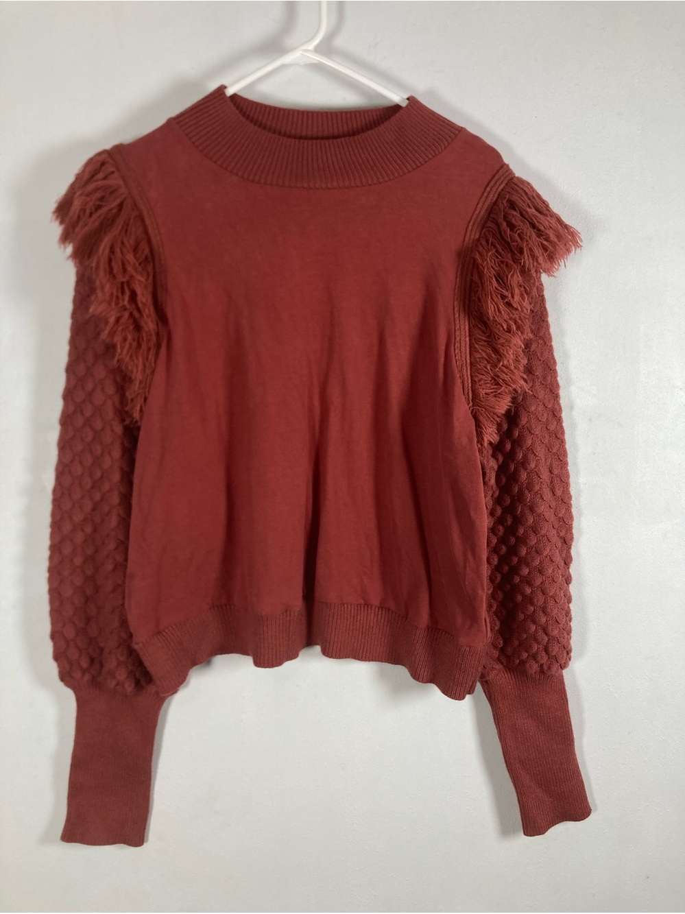 Anthropologie DOLAN Rust Terracotta Fringed Sweater Bubble Quilted Sleeve XL